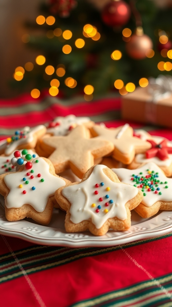A festive plate of decorated Christmas cookies on a holiday table.